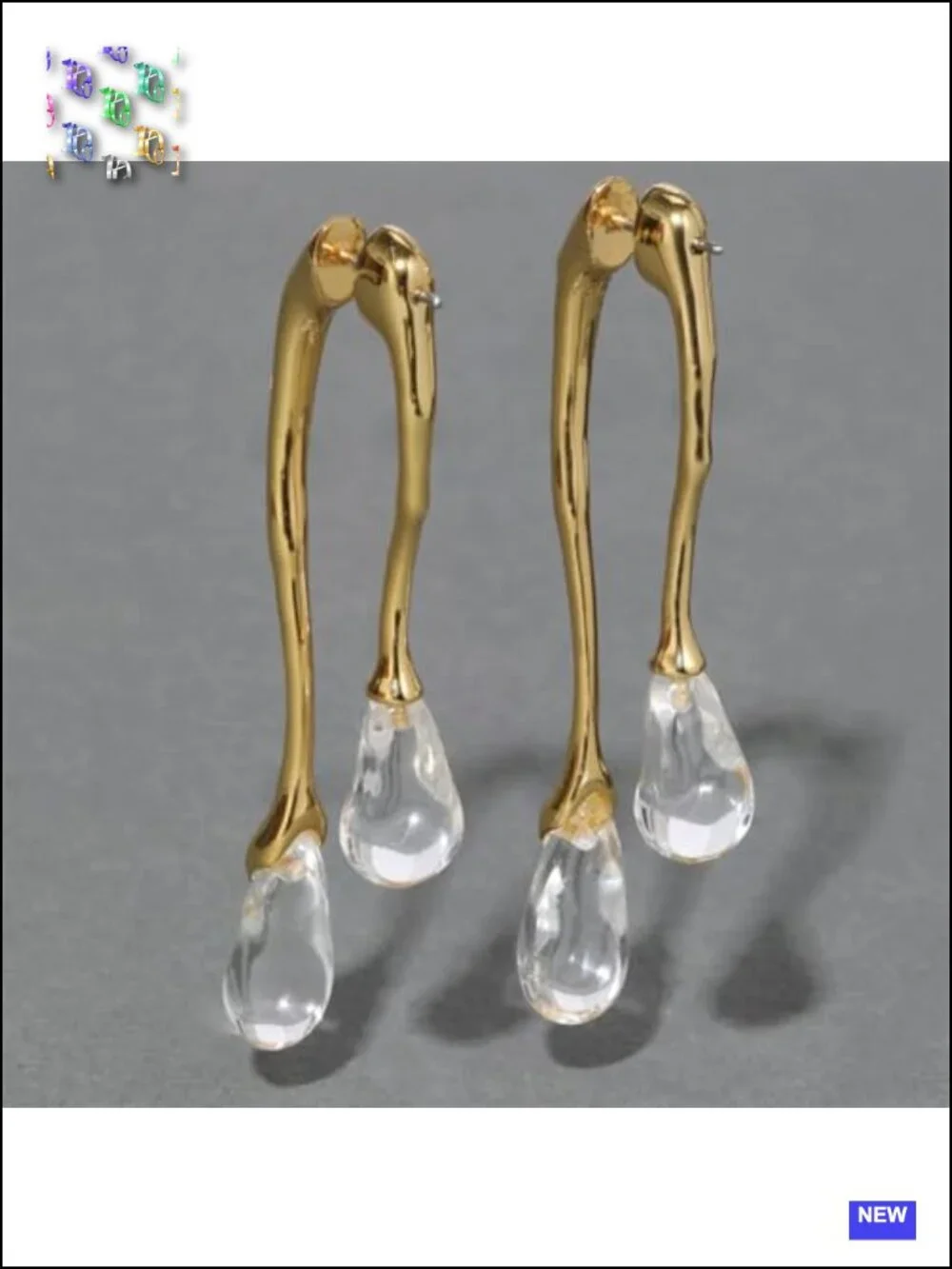 Gold Tone Geometric Hoop Earrings with Translucent Resin Droplet, Lightweight,